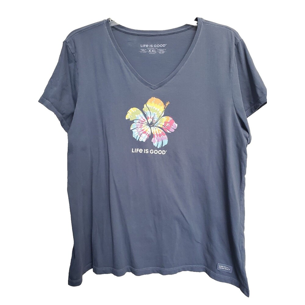 Life is Good Blue V-Neck Hibiscus Graphic Short Sleeve Crusher Tee Size XXL